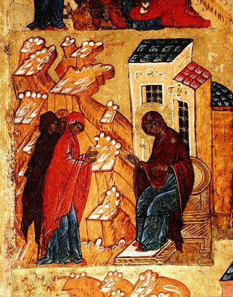 A Szűzanyát ábrázoló ikon, amint a legbecsesebb ruhaszíneket választja ki, 1550 körül (tempera és levélarany, tábla) (314500 részlet) alkotó: School Russian