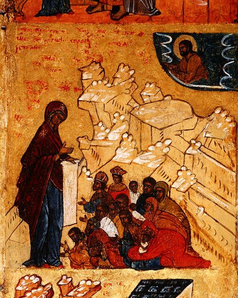 Ikon, amely a Szűz csodálatos megjelenését ábrázolja Andrej Bogoljubszkij hercegnek 1155-ben, 1550 körül (tempera és aranylevél a táblán) (314500 részlet) alkotó: School Russian
