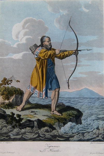 A Kuril-szigetek lakója, 1800 körül (színes metszet) alkotó: School Russian