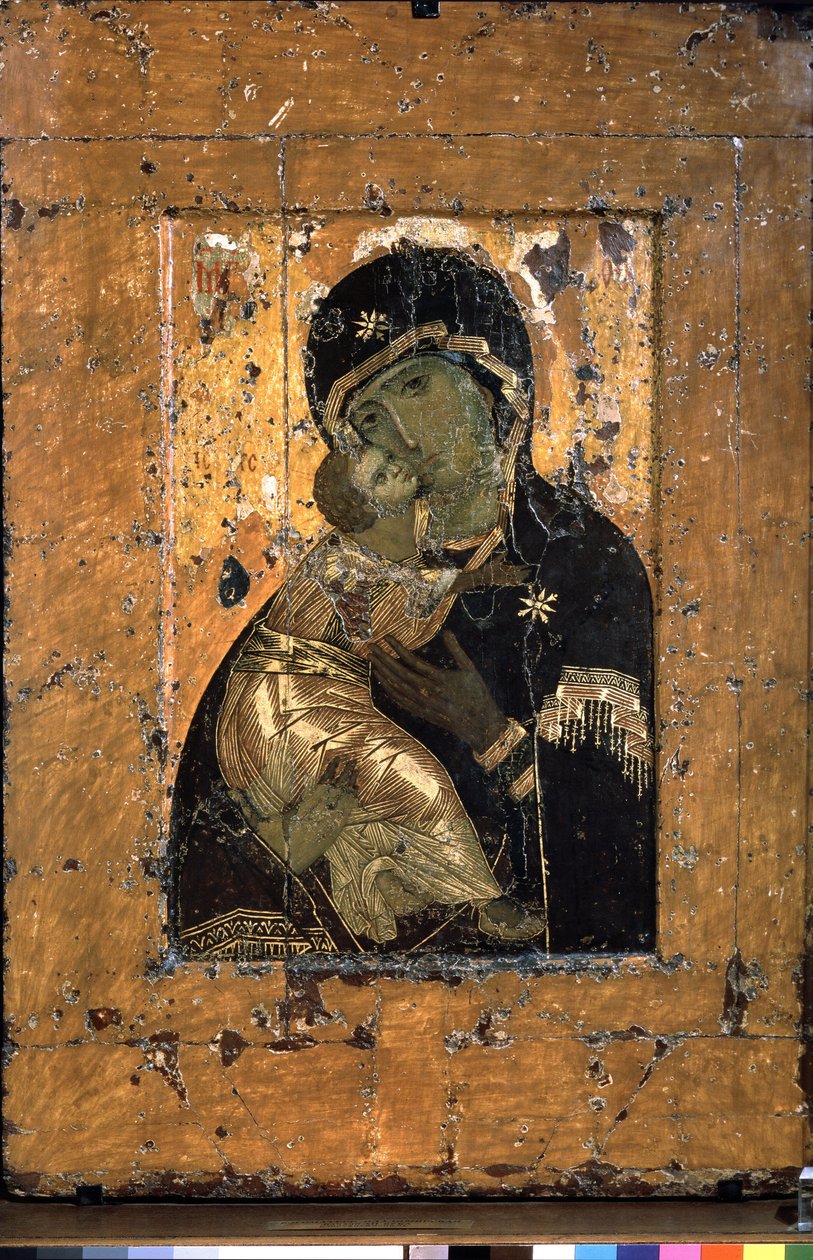 The Virgin of Vladimir (The Virgin of Vladimir). A gyengéd Szűz és az édesanyja arcához simuló gyermek Jézus hagyományos ábrázolása. Oroszország legtiszteltebb ortodox ikonja, sokszor lemásolva. Bizánci ikon, tempera alkotó: School Russian