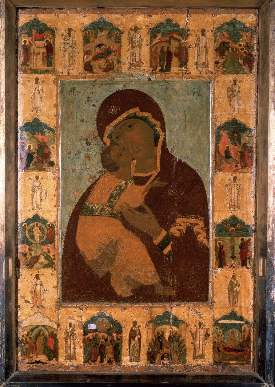 "Vlagyimir Szűza" (Vlagyimirszkaja) orosz ikon. Festészet fára. 1514-ben a Kreml elszenderülési székesegyháza, Moszkva alkotó: School Russian