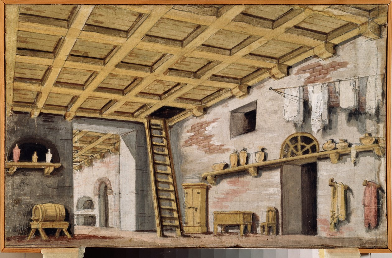 A konyha. Előkészítő dekoráció egy színdarabhoz. Orosz mester alkotása, 1790 körül, tempera, vászon. 18. századi orosz szcenográfiai művészet. Museum Palace Ostankino, Moszkva. alkotó: School Russian