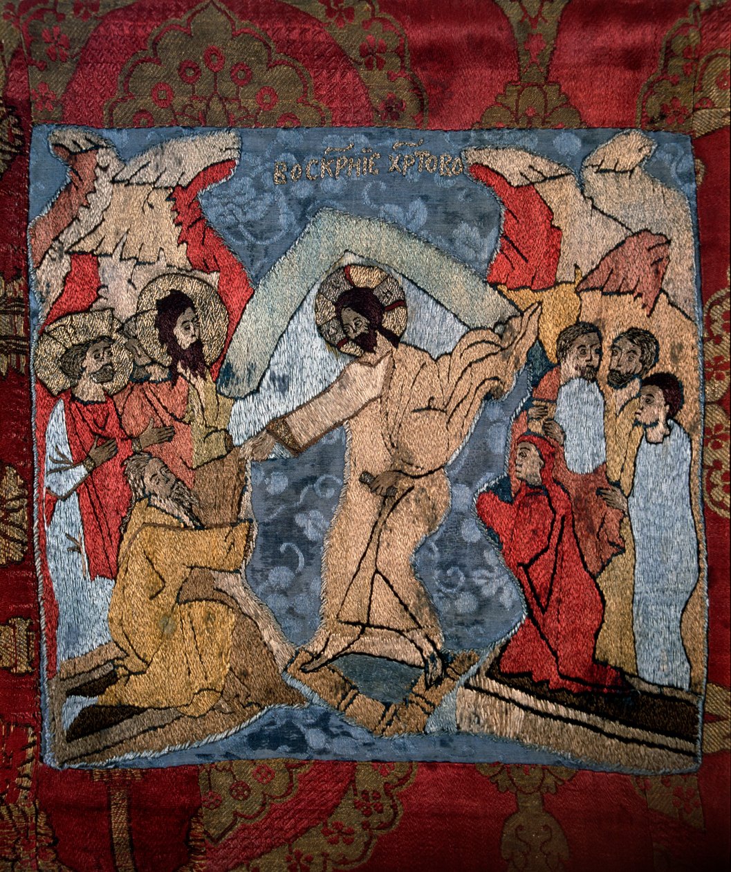 The Descent Into Hell – Egy orosz mester lepel részlete, gyapjú, selyem, valamint arany- és ezüstszál alkotó: School Russian