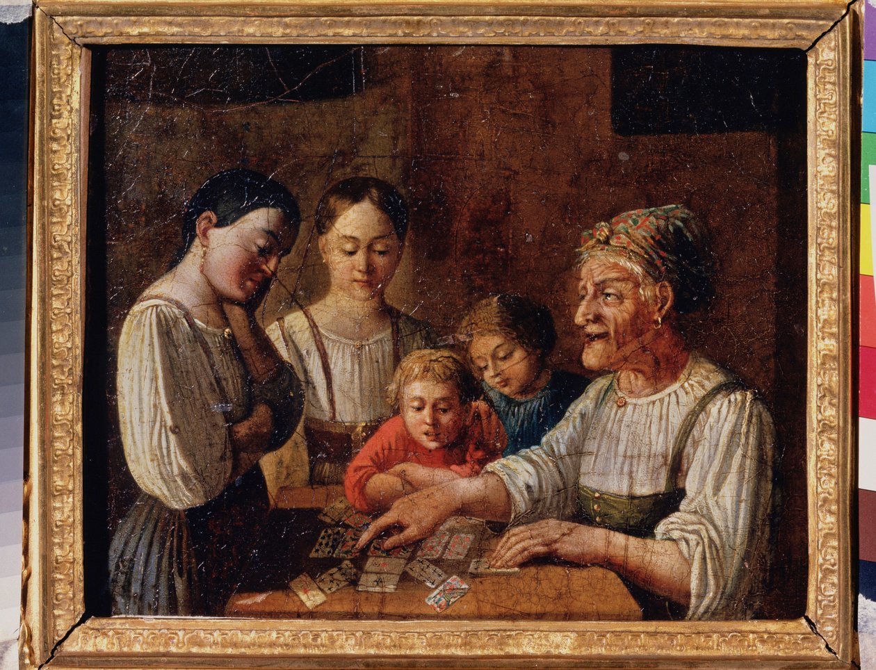 A jós. (A jövőt jósló öregasszony kártyákon). Orosz mester festménye, olaj, karton, 19. század eleje. Állami Orosz Múzeum, Szentpétervár. alkotó: School Russian