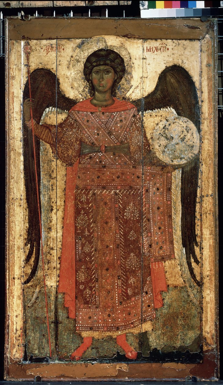 ""Szent Mihály arkangyal"" orosz ikon. Festészet fára. 1300 körül. Állami Tretyakov Galéria, Moszkva alkotó: School Russian