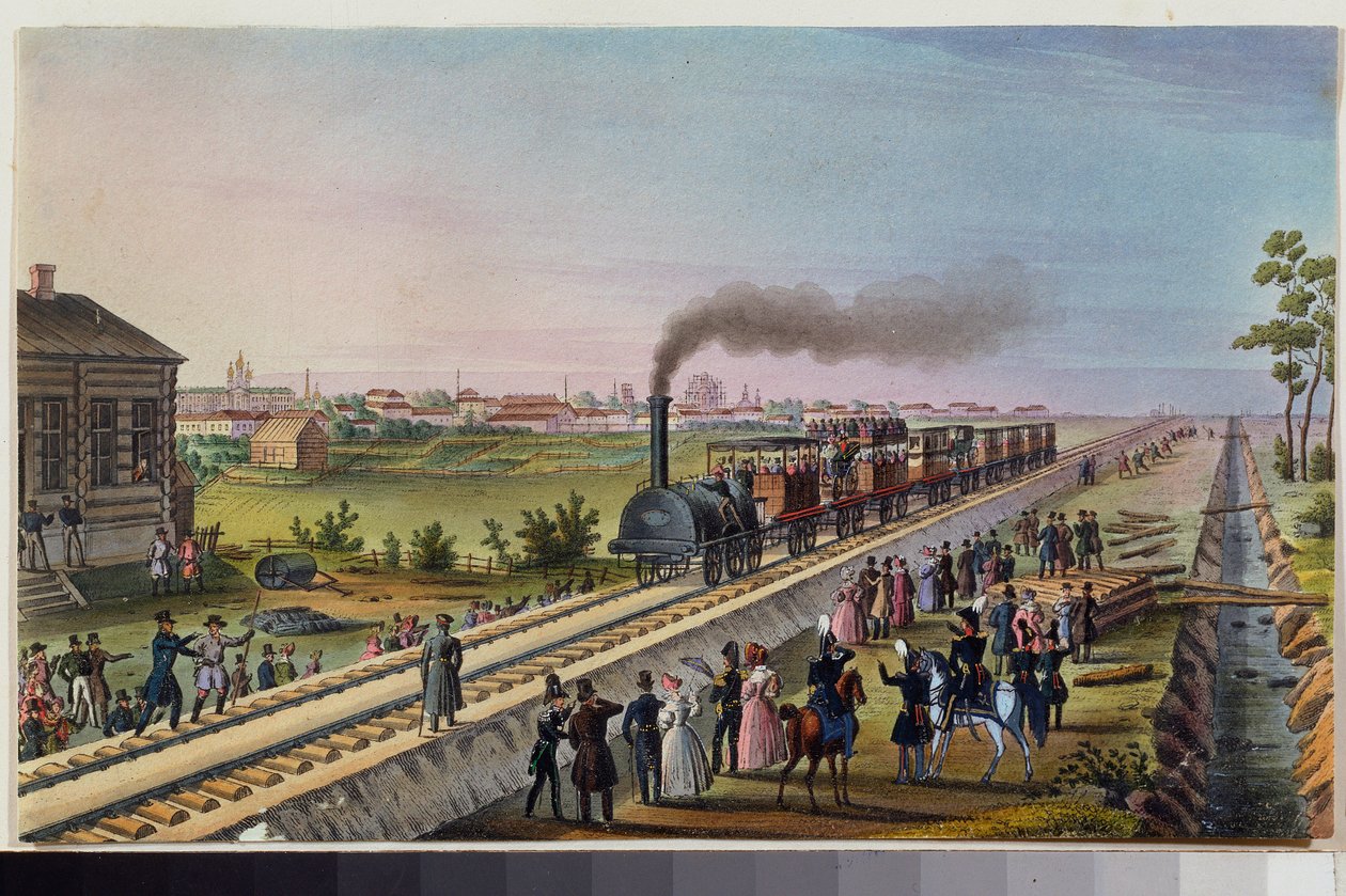 Az első vonat érkezése Szentpétervárról Carszkoje Seloba, 1837. október 30. Orosz mester munkája, akvarell papíron alkotó: School Russian