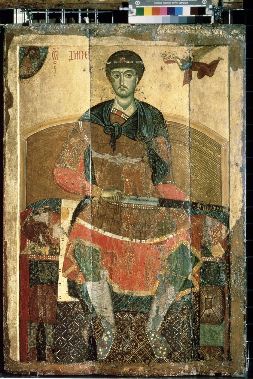 ""A tesszaloniki Szent Demetriosz keresztény vértanú trónolt"" orosz ikon. Festmény a 13. század elejéről Állami Tretyakov Képtár, Moszkva alkotó: School Russian