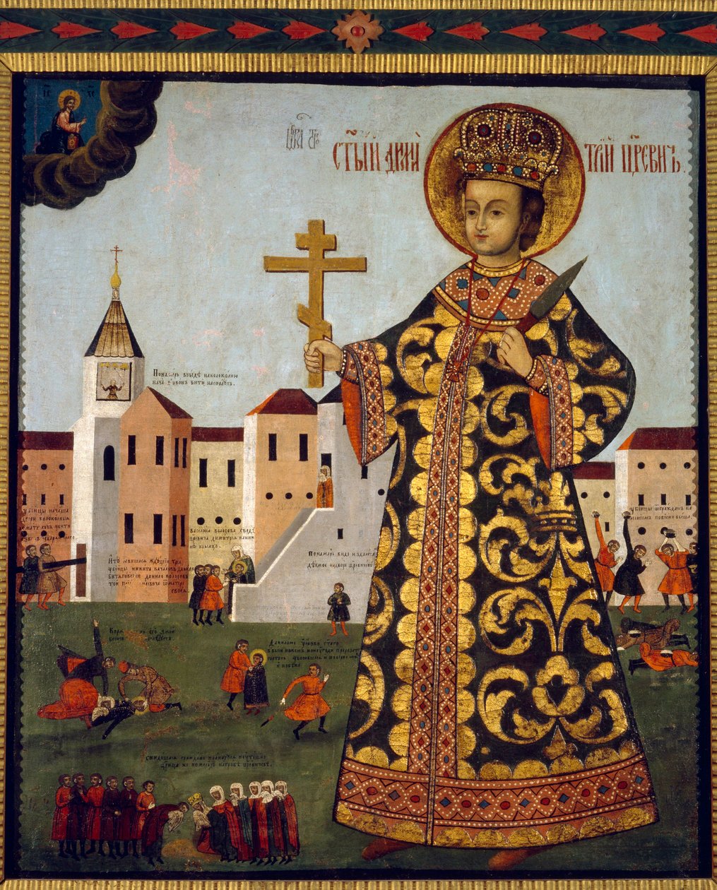 Tsarevics Demetrius (1582-1591) (vagy Moszkvai Dimitrij, Uglich városa előtt, Oroszországban). Névtelen festmény, tempera fára alkotó: School Russian