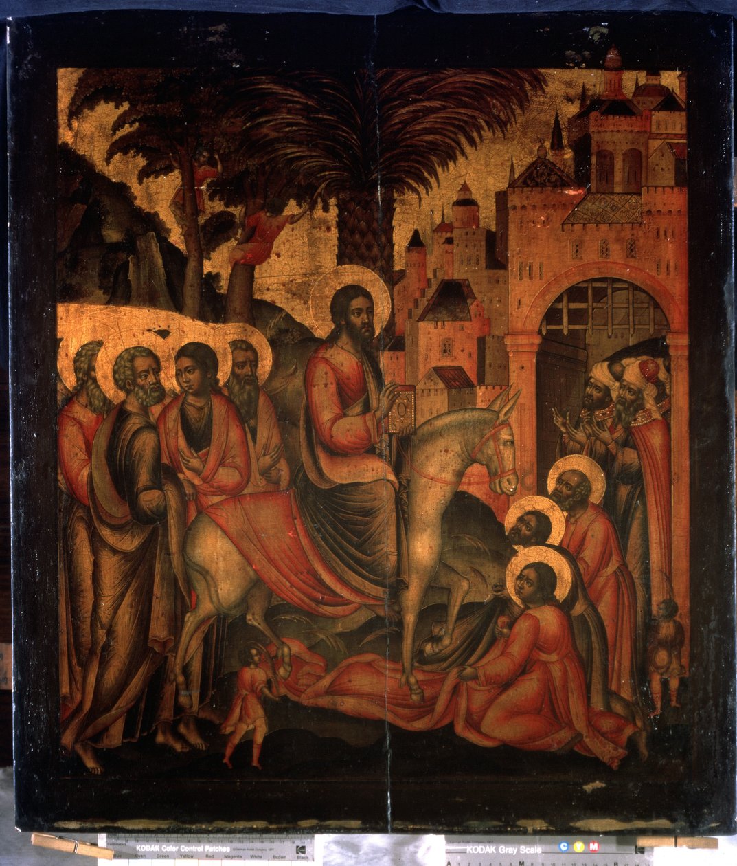 "Krisztus belépése Jeruzsálembe"" orosz ikon. Festmény fára a 17. századi Állami Egyesült Múzeumi Központból a Kremlben, Moszkvában alkotó: School Russian