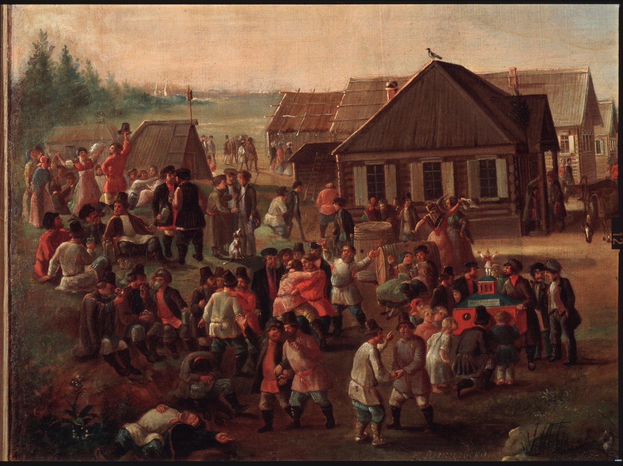 Nyilvános ünnepségek Alekszejevszkoje faluban. Orosz mester festménye, olaj, vászon, 19. század közepe. Állami Tretyakov Galéria, Moszkva. alkotó: School Russian