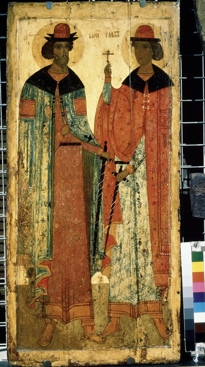 ""Szent Borisz és Gleb, I. Vlagyimir fiai Kijevben"" orosz ikon. Festmény 1450 körül. Állami Tretyakov Galéria, Moszkva alkotó: School Russian
