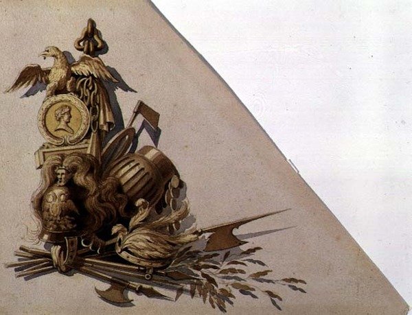 Neoklasszikus fegyvertrófeák, Oroszország, 1825 körül (akvarell, papír) alkotó: School Russian