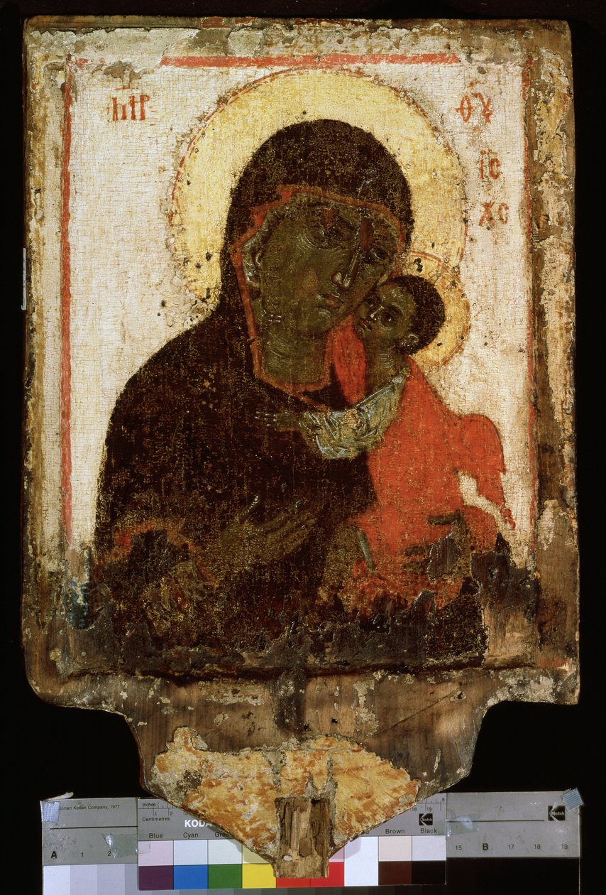"" Szűzanya (Our Lady) of Tenderness"" vagy ""Szűz Eleusza (Eleousa)"" orosz ikon. Festészet a 14. század végéről, a 15. század elejéről. Szentpétervári Állami Orosz Múzeum alkotó: School Russian