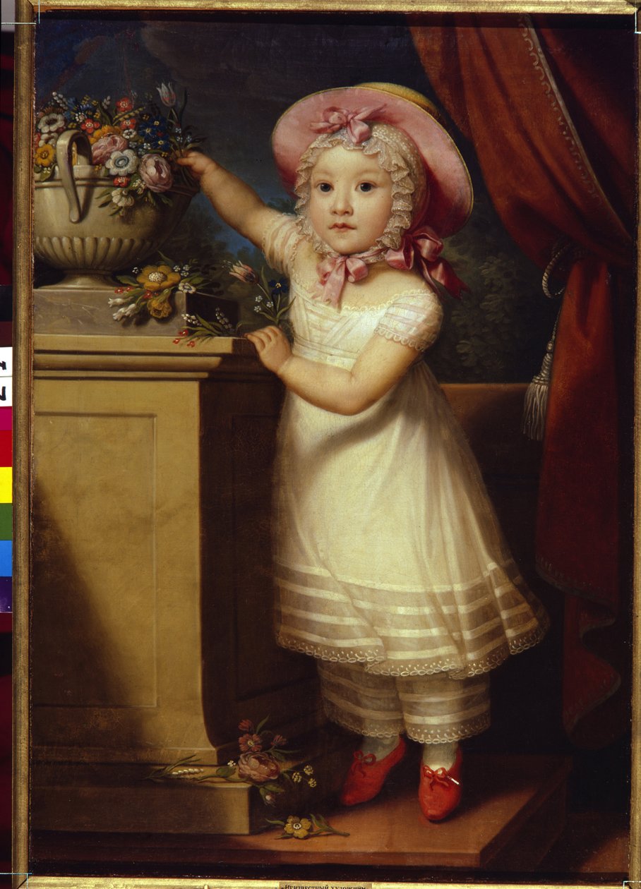 Jekaterina Dmitrievna Obreskova (1822-1874) portréja. (Ekaterina Dmitrievna Obreskova portréja). Egy elegáns és értékes kislány lábujjhegyen áll, hogy virágot szedjen egy csokorból. Névtelen festmény, olaj, vászon, v alkotó: School Russian