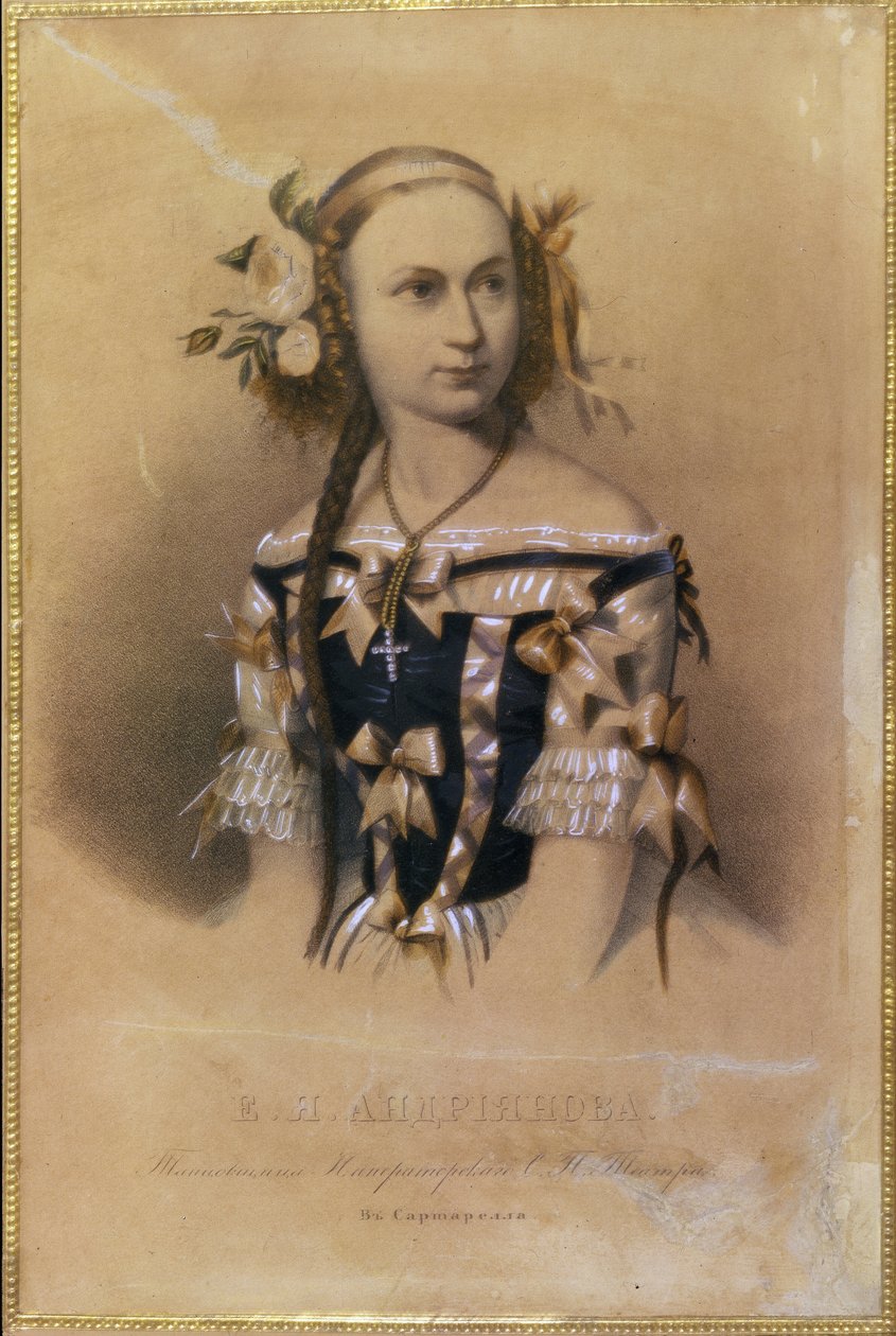 Elena Andrejanova (Andrianova) orosz balerina (1819-1857) portréja. (Elena Andreyanova balett-táncos). Orosz művész színes litográfiája alkotó: School Russian
