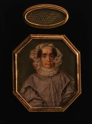 Praskovja Mihajlovna Tolsztaja (1777-1844) portréja, rácsos hajtincsével, 1844 körül (akvarell és gouache) alkotó: School Russian