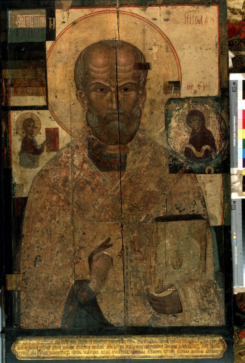 ""Myrai vagy Bari Szent Miklós (270-345) ábrázolása"" orosz ikon. Festészet a 14. század végéről. Állami Tretyakov Galéria, Moszkva alkotó: School Russian