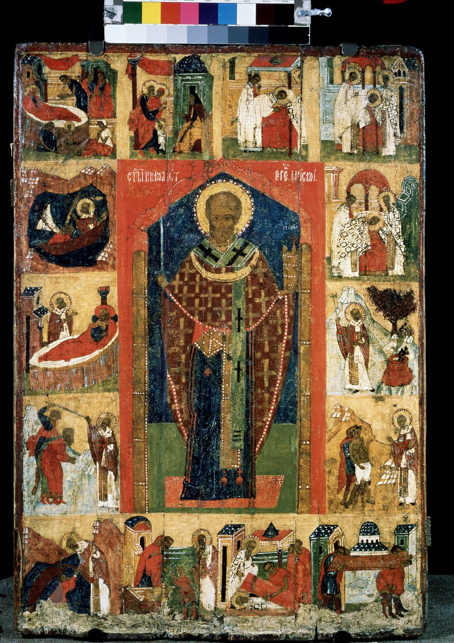 Myrei vagy Bari Szent Miklós életének oltárképe (270-345). Orosz ikon. Festészet a 15. század végéről. Állami Tretyakov Galéria, Moszkva alkotó: School Russian