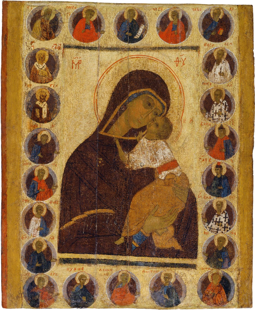 Orosz ikon: Gyengéd Szűzanya válogatott szentekkel. Tempera táblán, 15. század második fele, Történeti és Művészeti Múzeum, Suzdal alkotó: School Russian