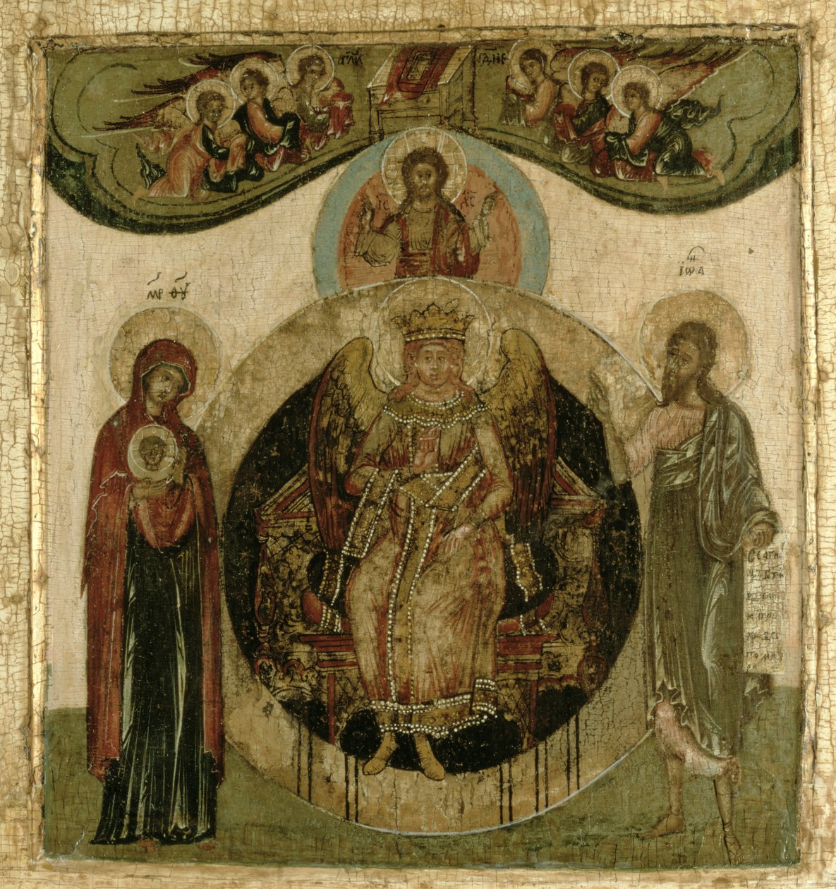 Orosz ikon Szofia, a Szent Bölcsesség, tüzes szárnyú angyal alakjában trónol (panel) alkotó: School Russian