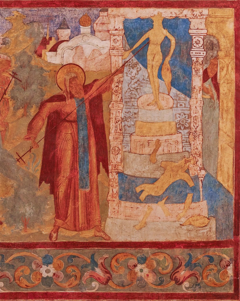 Rostov Szent Ábrahám (mort en 1074 ou 1077) detruit les idoles de Veles – Rosztovi Ábrahám lerombolja Veles szobrát. A Szent János apostol templom freskója Rostov Kremlben - ókori orosz freskók. Freskó alkotó: School Russian