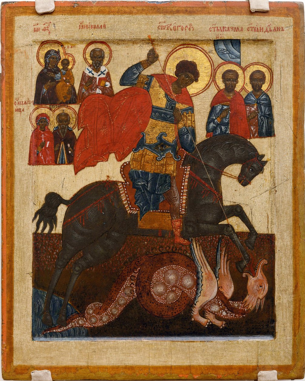 Szent György és a sárkány, több szenttel körülvéve - orosz ikon: Szent György válogatott szentekkel. Tempera a panelen alkotó: School Russian