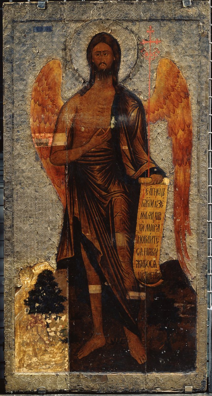 Keresztelő Szent János, a sivatag angyala (Keresztelő János, A szélesség angyala). Orosz ikon, tojásfestés és tempera fán, 16. század vége. Ókori orosz művészet. Állami Tretyakov Galéria, Moszkva alkotó: School Russian