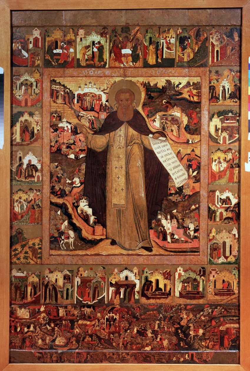 Radonegei Szent Sergius (1313-1392), élete jeleneteivel (Radonezsi Szent Szergiusz élete jeleneteivel). Orosz ikon, tempera, fa, 1640 körül. Ősi művészet Jaroszlavlból (Oroszország). Állami Művészeti Múzeum, Jaroszlavl (Oroszország). alkotó: School Russian