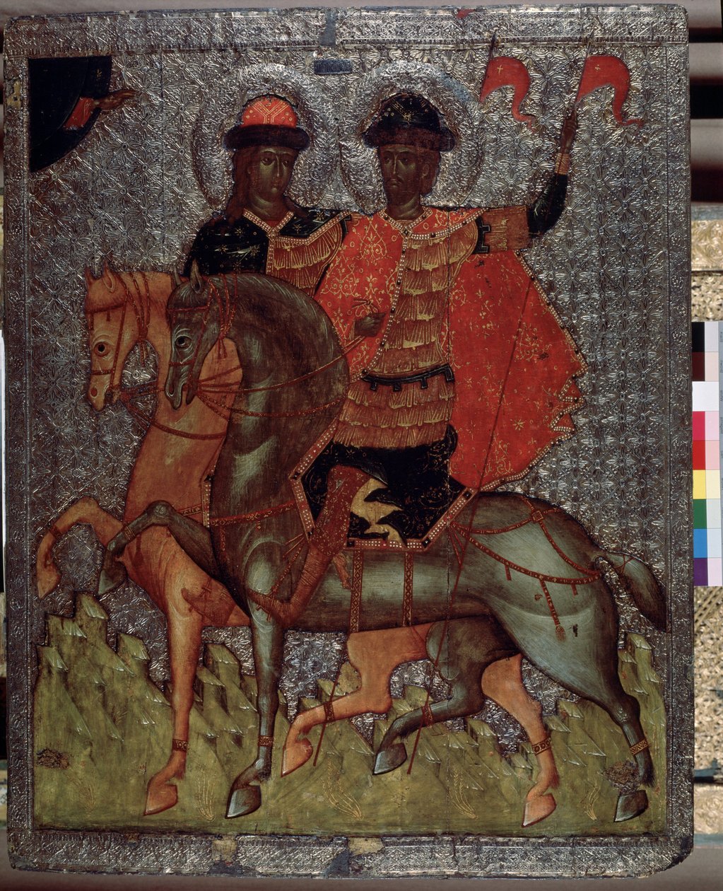 Szent Borisz (vagy Római) és Gleb (vagy Dávid) lovon (mártírok 1015-ben) (Szent Borisz és Gleb lóháton). Szent Vlagyimir kijevi nagyherceg fiatalabb fiai mindig kitűntek jámborságukkal, de apjuk, a legidősebb Svia halálakor alkotó: School Russian