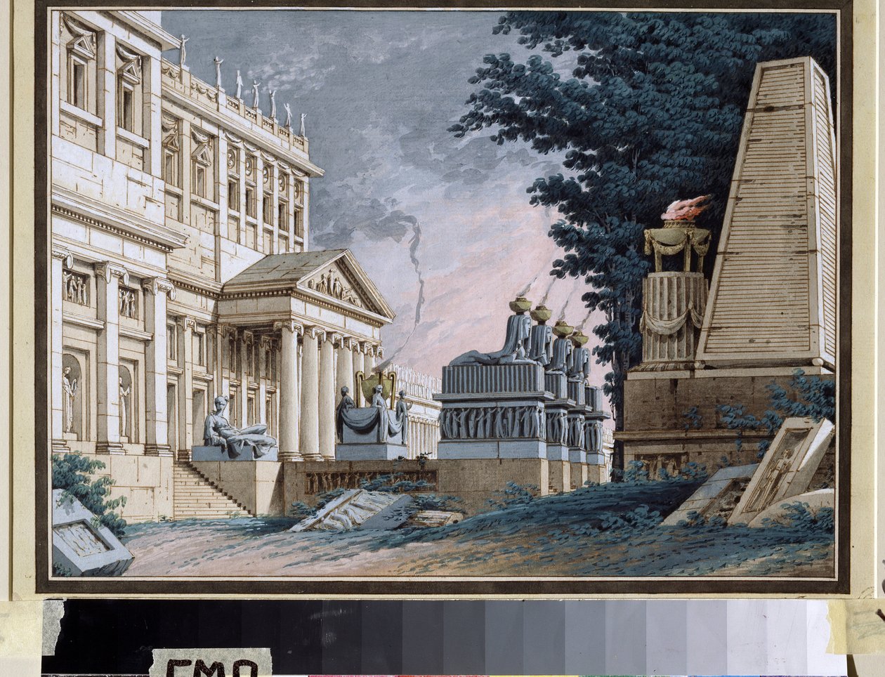 Templom, színpadkép egy színházi darabhoz. Névtelen festmény. Akvarell és gouache, papír, 1800 körül. Orosz színházi dekoráció. Museum Palace Theatre Ostankino, Moszkva. alkotó: School Russian