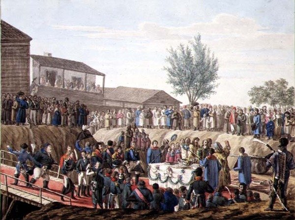 A mohiloffi vámház első kövének letétele 1820-ban (akvarell, papír) alkotó: School Russian