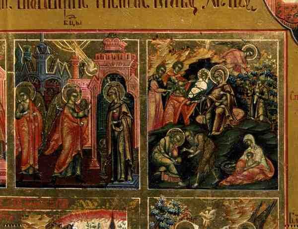 A feltámadás és alászállás a pokolba, részlet az Ünnepek margójából, amely az Angyali üdvözletet és a születést ábrázolja (tempera a panelen) alkotó: School Russian