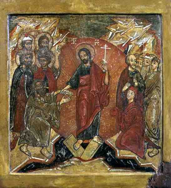 A feltámadás és a pokol alászállása (Anasztáz) (tempera a panelen) alkotó: School Russian