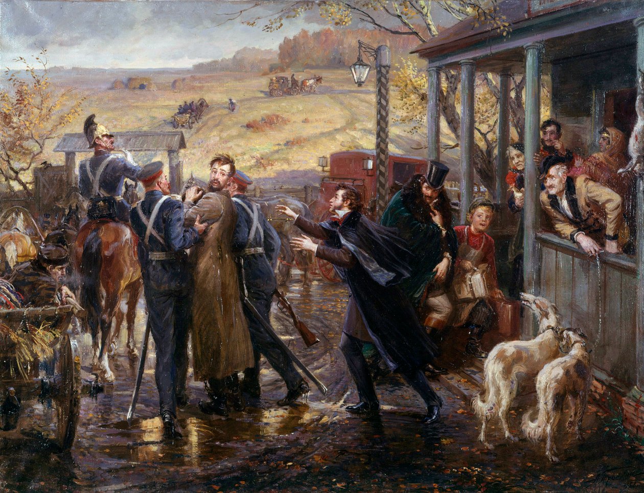 Alekszandr Puskin (Puskin) orosz költő (1799-1837) találkozik decembrista barátjával, Kukhelbackerrel, aki 1827-ben Zabaze pályaudvarra indul. Az orosz iskola festménye. 19. századi Szentpétervár, Ermitázs Múzeum alkotó: School Russian