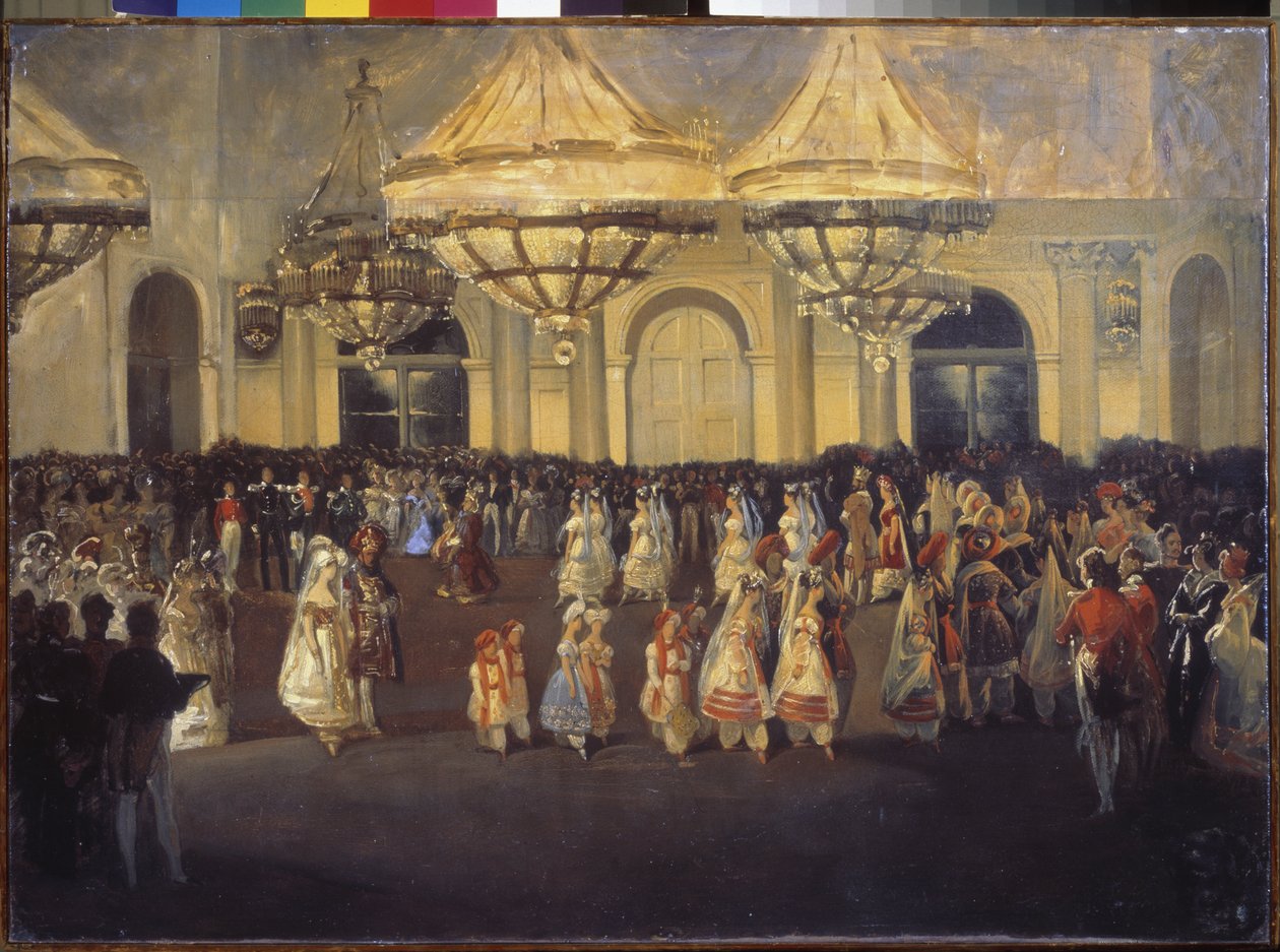 Bál a Téli Palotában (Szentpétervár) I. Miklós (1796-1855) alatt. Orosz mester festménye, olaj, vászon, 1830 körül. Orosz művészet alkotó: School Russian