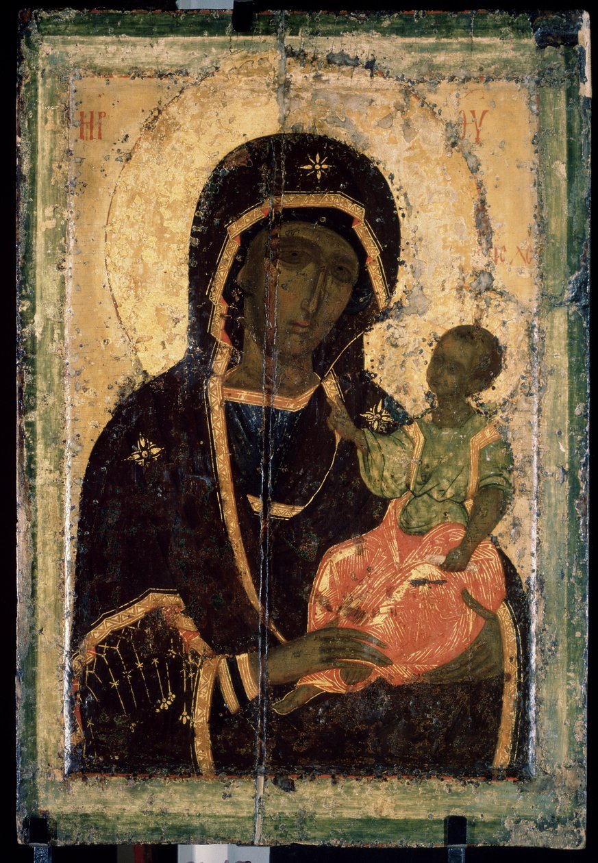""Szűz Hodegetria (Hodigitria)"" orosz ikon. Festészet fára. 1360 körül. Állami Tretyakov Galéria, Moszkva alkotó: School Russian