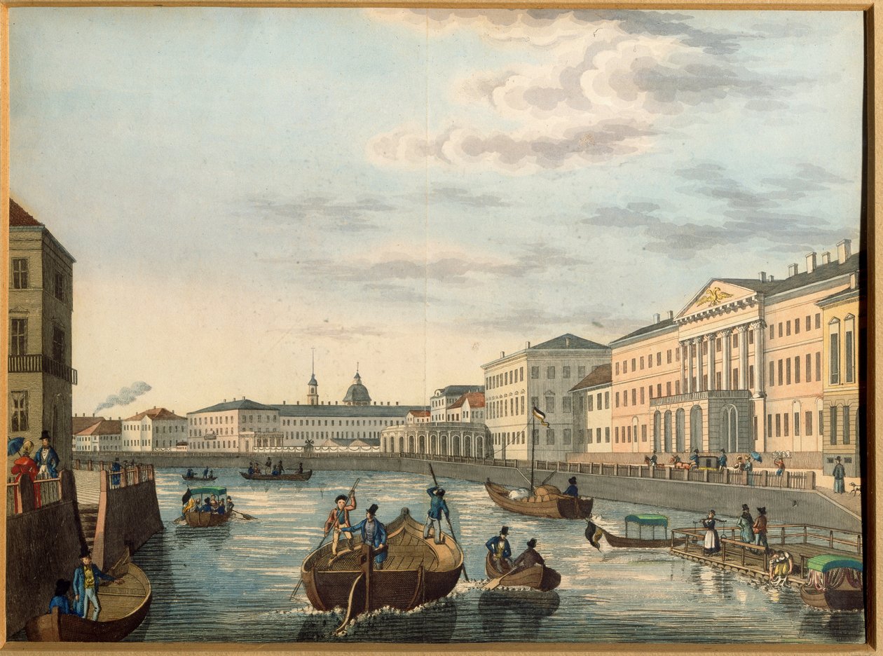 Kilátás a Fontanka folyóra Szentpéterváron. Névtelen mű, Litográfia, vízfestékkel színezett, 1820 körül. Orosz művészet alkotó: School Russian