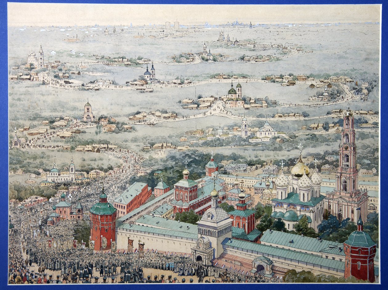 Kilátás a Szent Sergius Szentháromság Lavra (Trinite-Saint-Serge) kolostorára Sergiev Posadban a húsvéti körmenettel Moszkvából. (Sergius Szentháromság-lavrája Szergijev Poszadban a Húsvéti körmenettel Moszkvából). Mester munkája r alkotó: School Russian