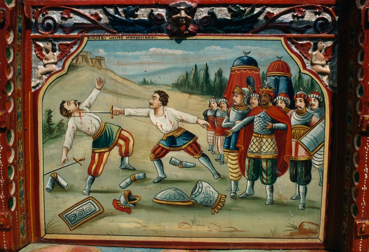 Festett, kézzel faragott, hagyományos szicíliai kocsi, Szicília, Olaszország, Részlet alkotó: School Sicilian