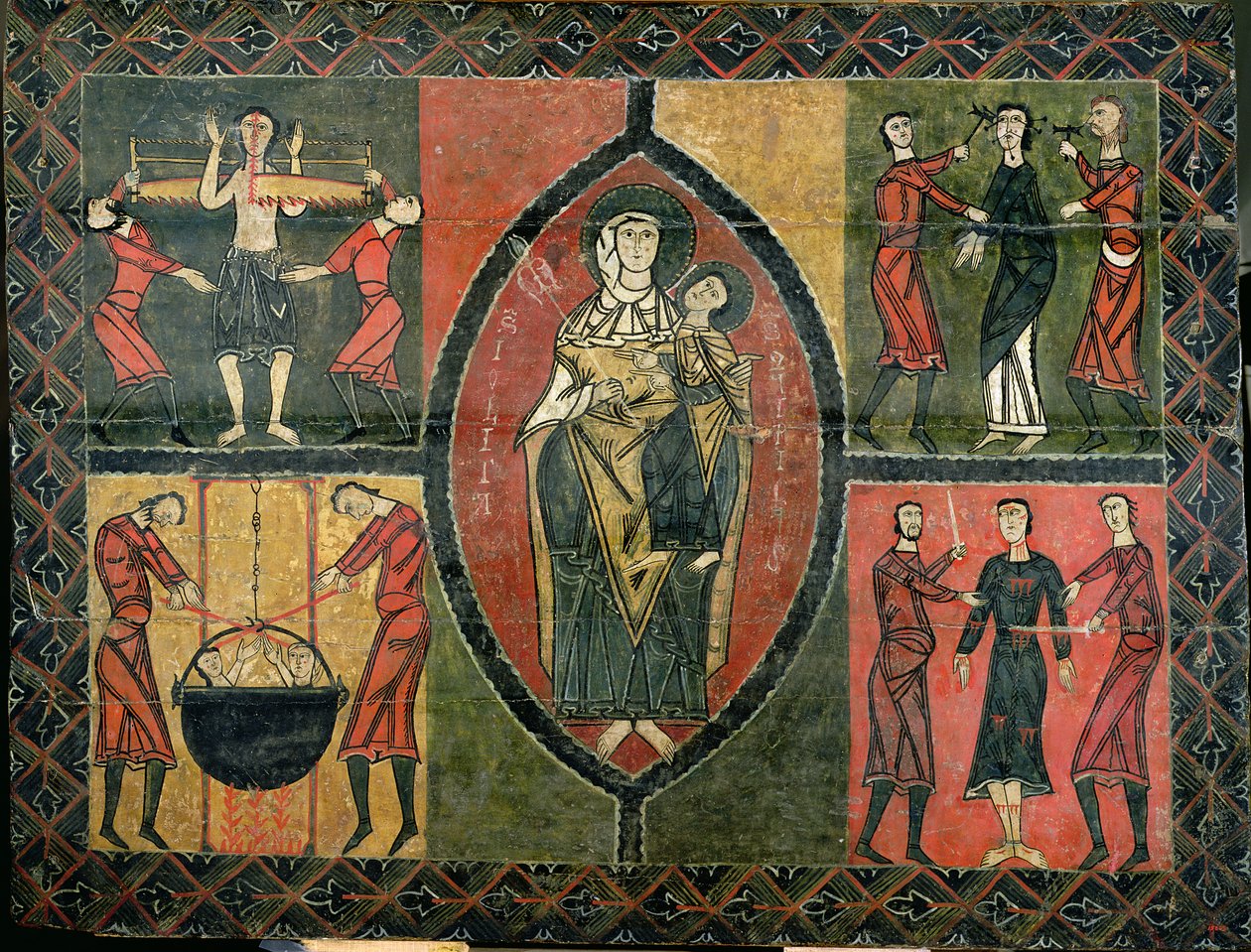 Szent Quirze és Szent Julita oltára, a szentek vértanúságát ábrázoló négy kísérő jelenettel, Sant Quirze i Santa Julita templom, Durro (tempera, tábla) alkotó: School Spanish