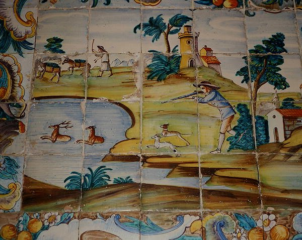 Azulejos csempék, amelyek egy szarvast lövöldöző vadászt ábrázolnak (kerámia) alkotó: School Spanish