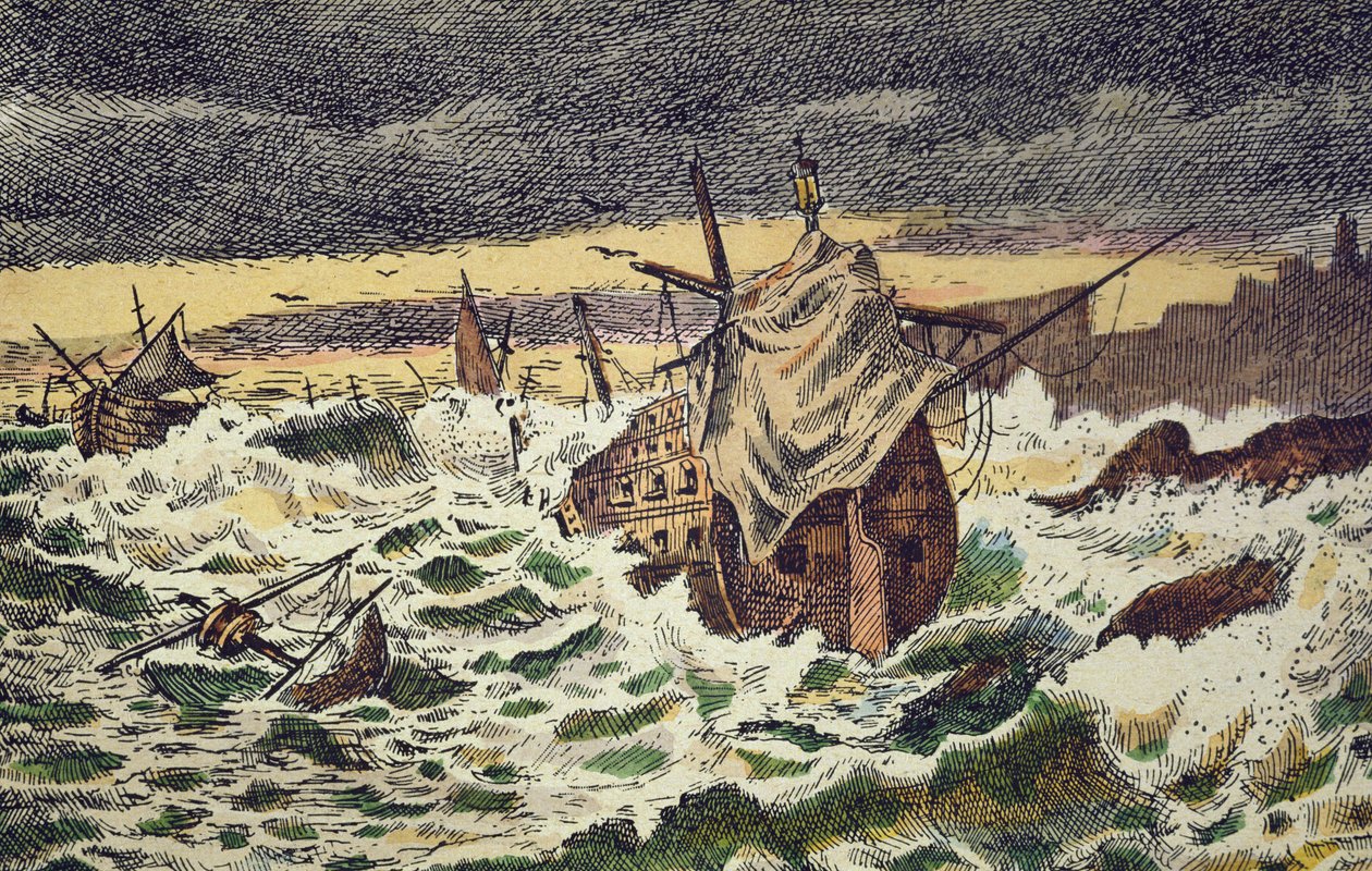 Fülöp király által 1588-ban Anglia ellen küldött Invincible Spanyol Armada viharok pusztítása (kézzel színezett metszet) alkotó: School Spanish