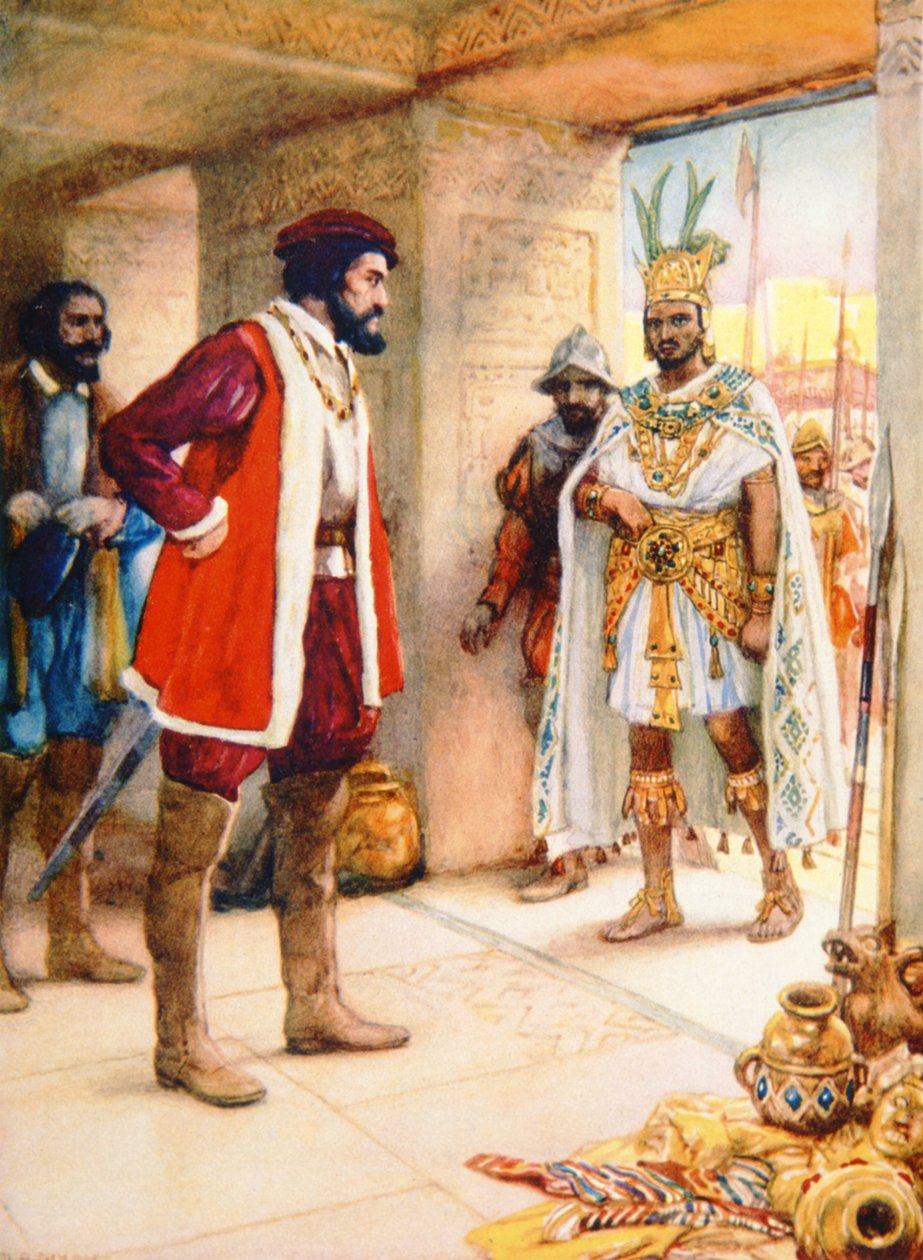 Hernan Cortes túszul ejti Montezumát 1519-ben (színes litó) alkotó: School Spanish