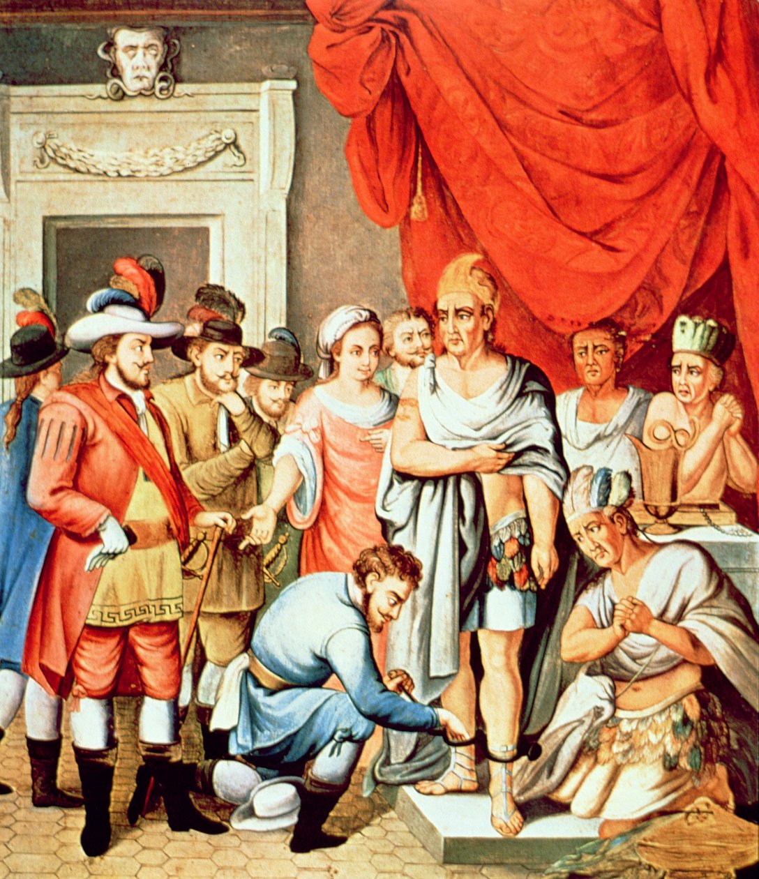 Hernan Cortes elrendelte, hogy tegyenek béklyókat Montezuma bokájára (színes litó) alkotó: School Spanish