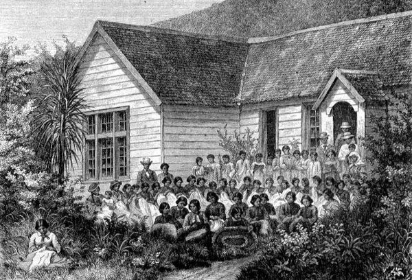 Mission School for Maoris, illusztráció a „Visszatérés a világba” című könyvből (metszet) alkotó: School Spanish
