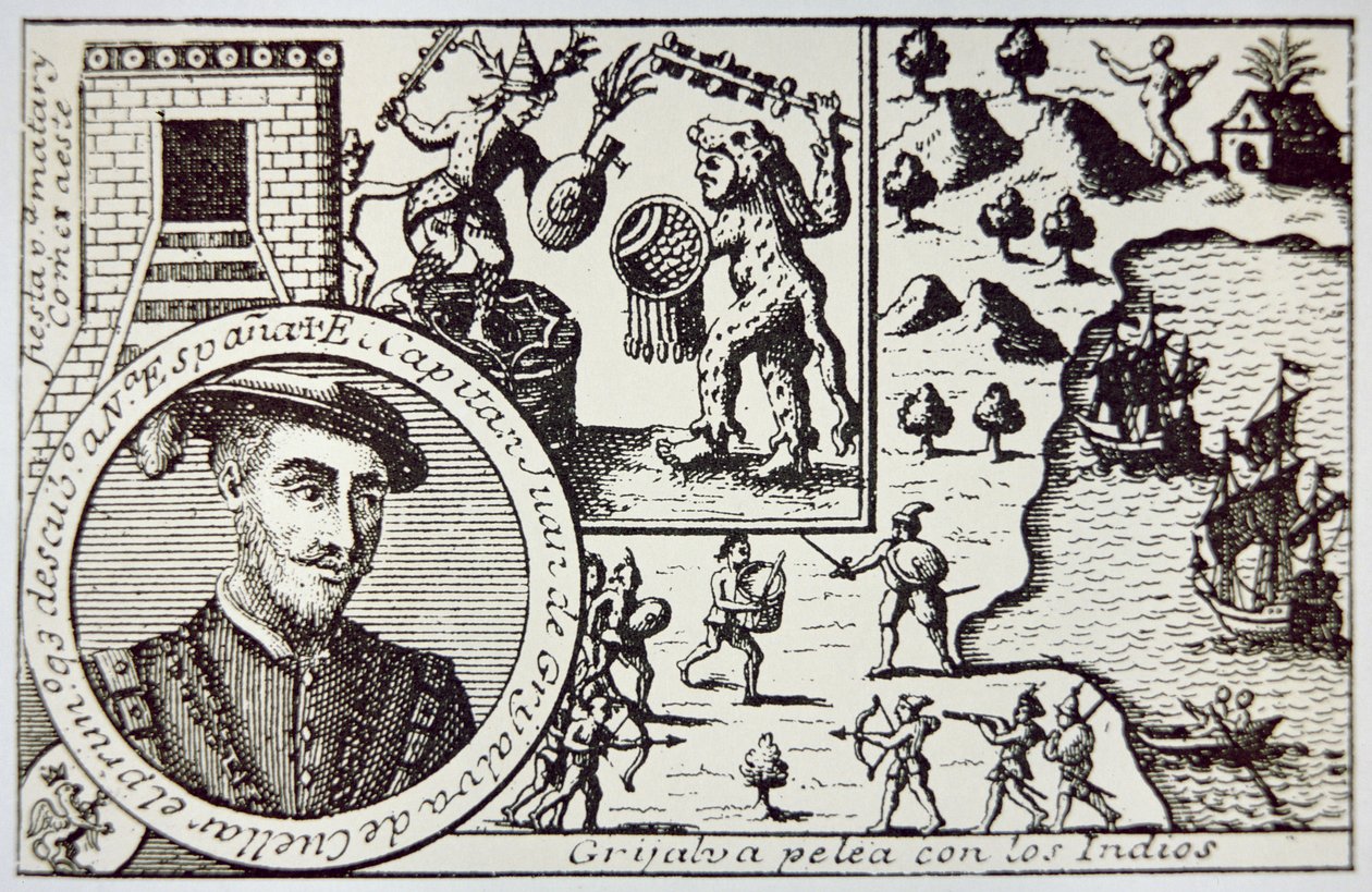 A spanyolok Juan de Grijalva vezetésével Yucatanban partra szállnak, és Maya harcosokkal harcolnak a champotoni csatában, 1518. május (litho) alkotó: School Spanish