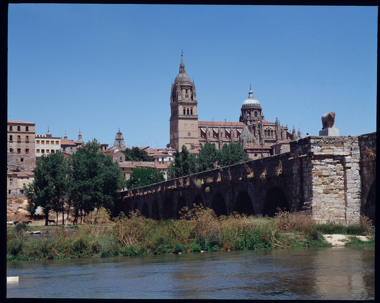 Kilátás a római hídra a folyón, Tormesre és a katedrálisra alkotó: School Spanish
