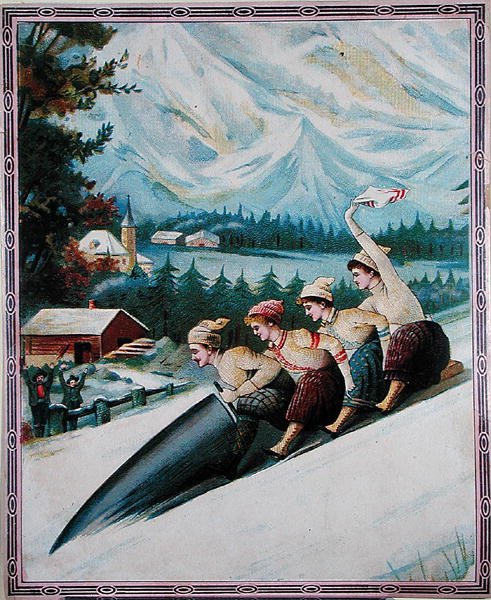 Turisták szánkózás, XX. század eleje (színes litó) alkotó: School Swiss