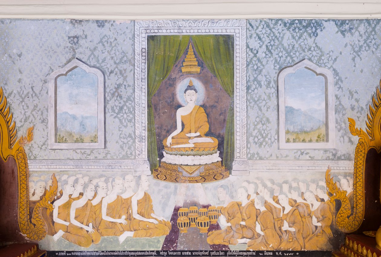 Freskó, amely Buddha életének egy jelenetét ábrázolja, Wat Phra That Doi Suthep templom (freskó) alkotó: School Thai