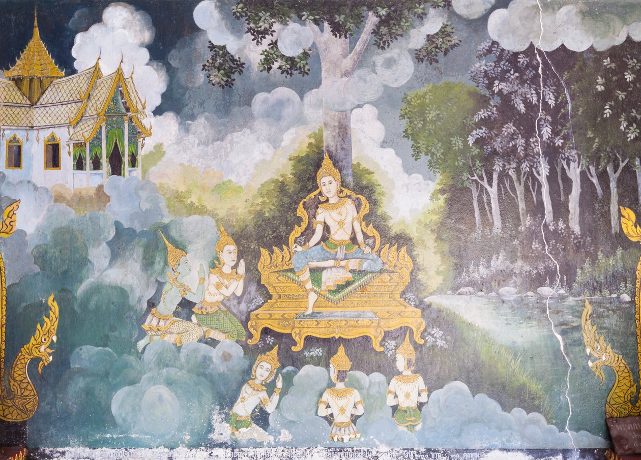 Freskó, amely Buddha életének egy jelenetét ábrázolja, Wat Phra That Doi Suthep templom alkotó: School Thai